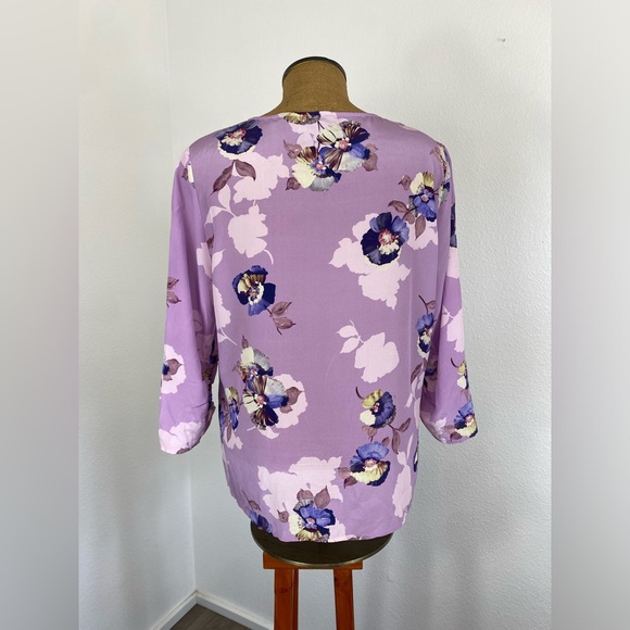 David Lawrence Silk Blouse 14 Floral Ruched Sleeve Lavender Keyhole Semi Sheer - Picture 12 of 13